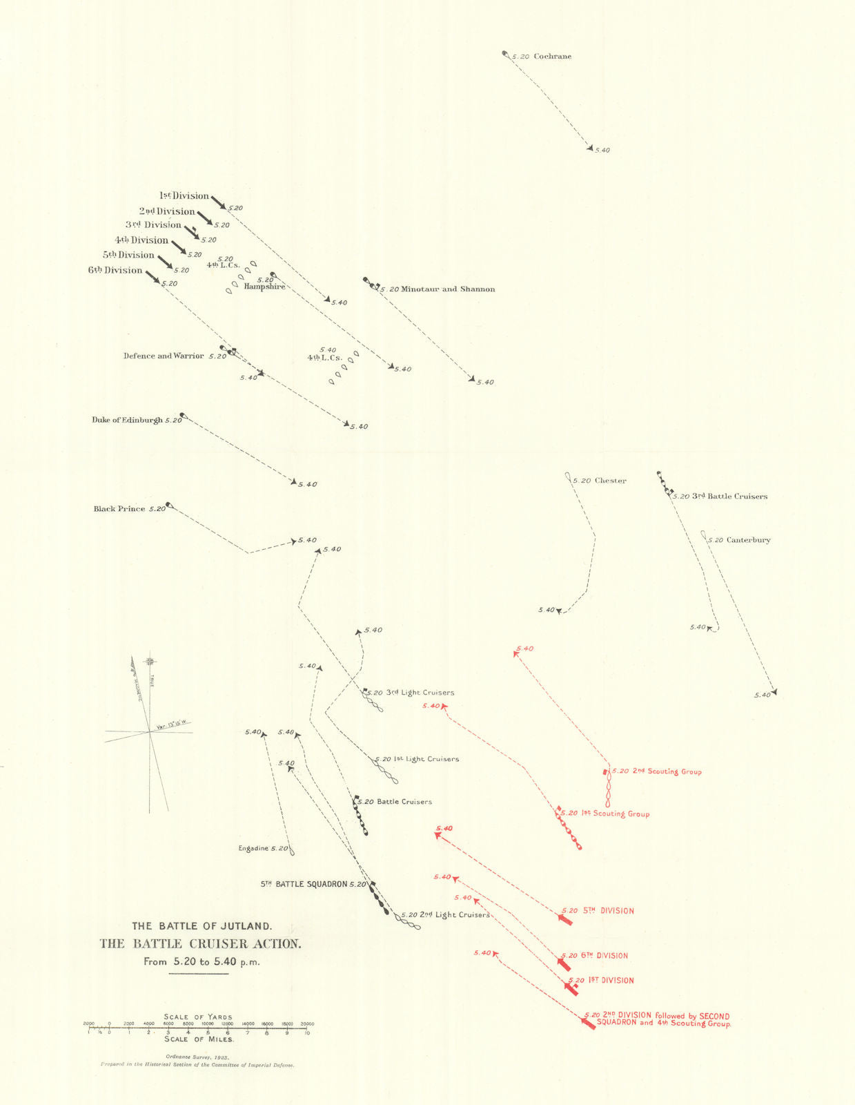 Battle of Jutland. Battle Cruiser Action 5.20-5.40 pm 31 May 1916. WW1. 1923 map